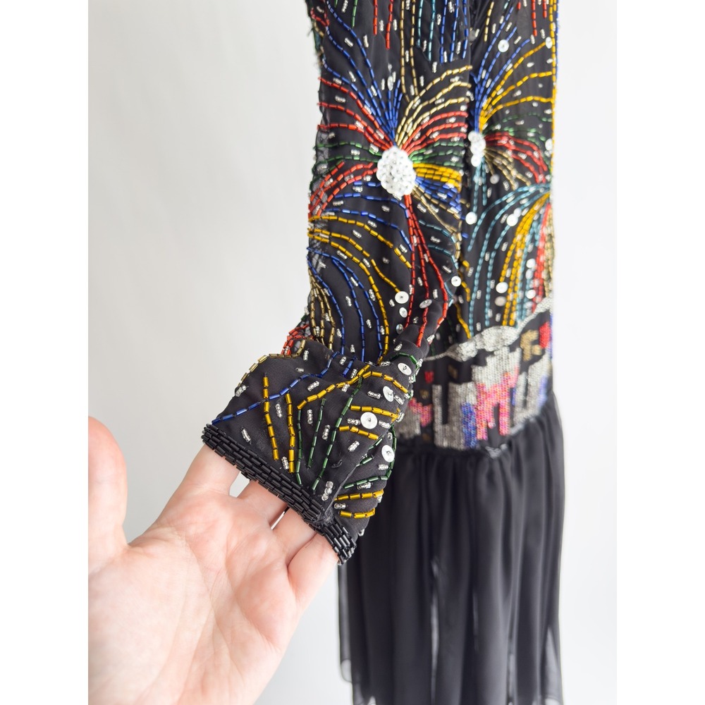 Judith Ann Creations vtg black‎ silk hand beaded fireworks dress S-M - Picture 7 of 9